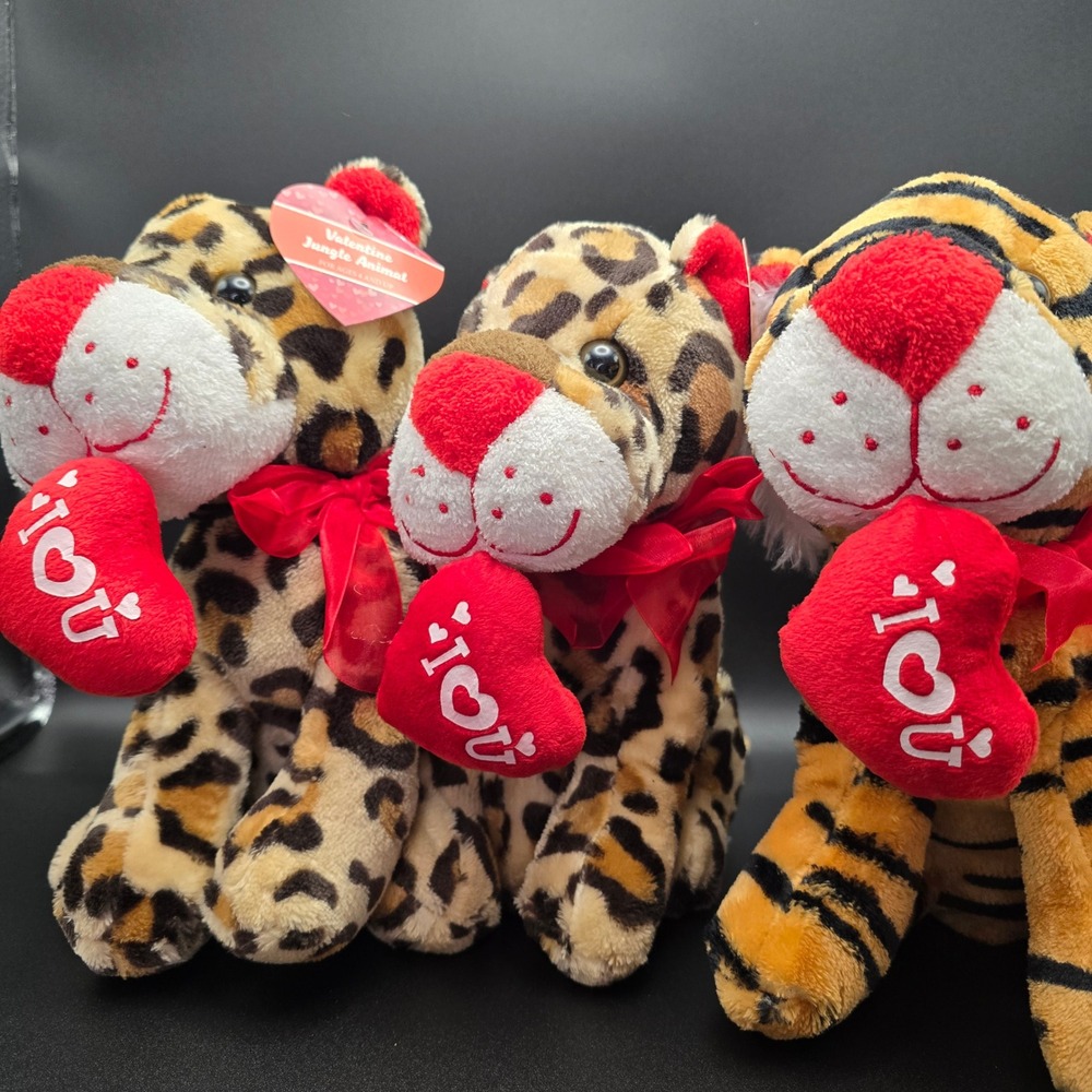 Homerbest Valentine Jungle Animal Plush‎ Set 3pc Tiger Leopard I Heart You